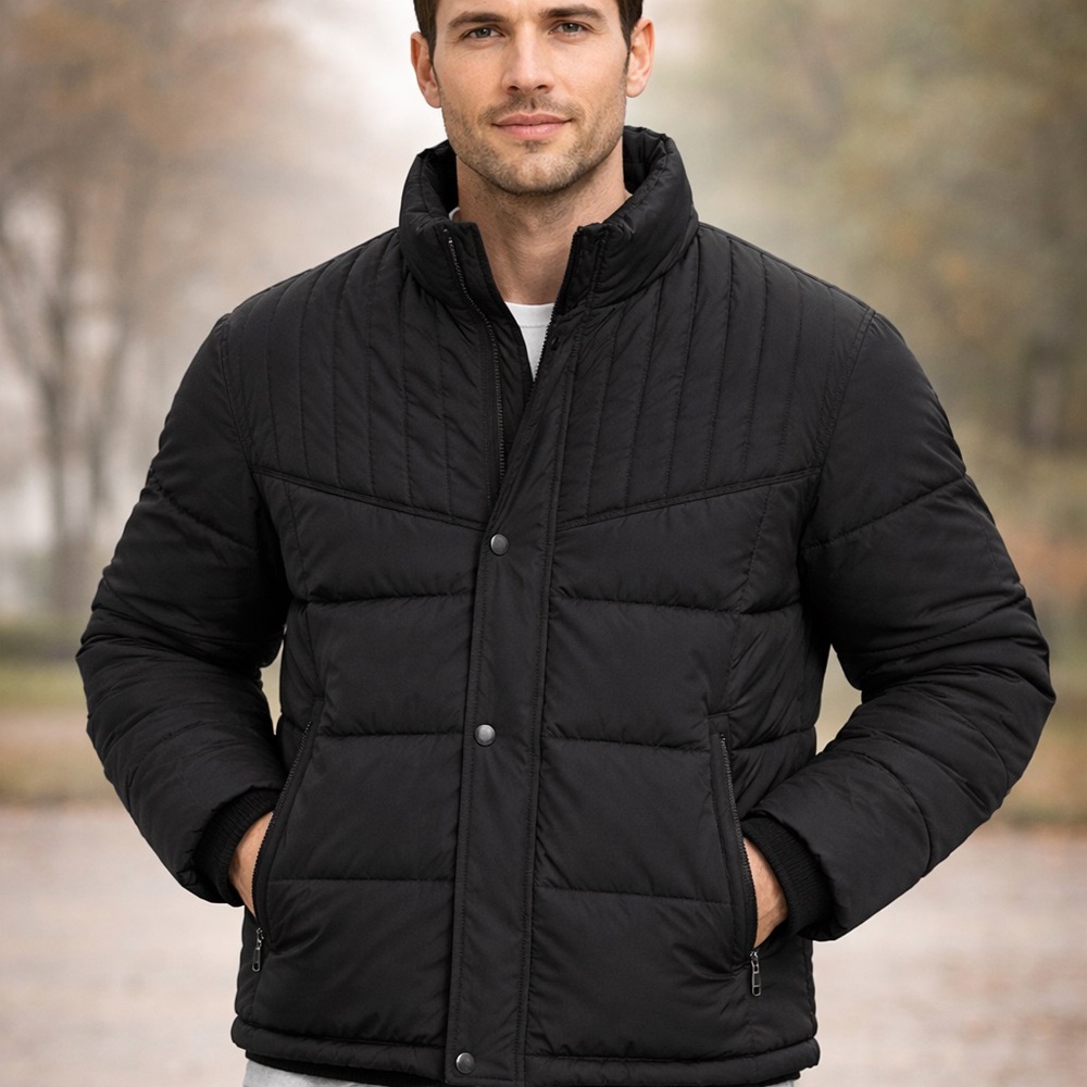 VIP Collection Black Puffer Jacket Mens Medium Quilted Winter Coat Zip Snap Warm